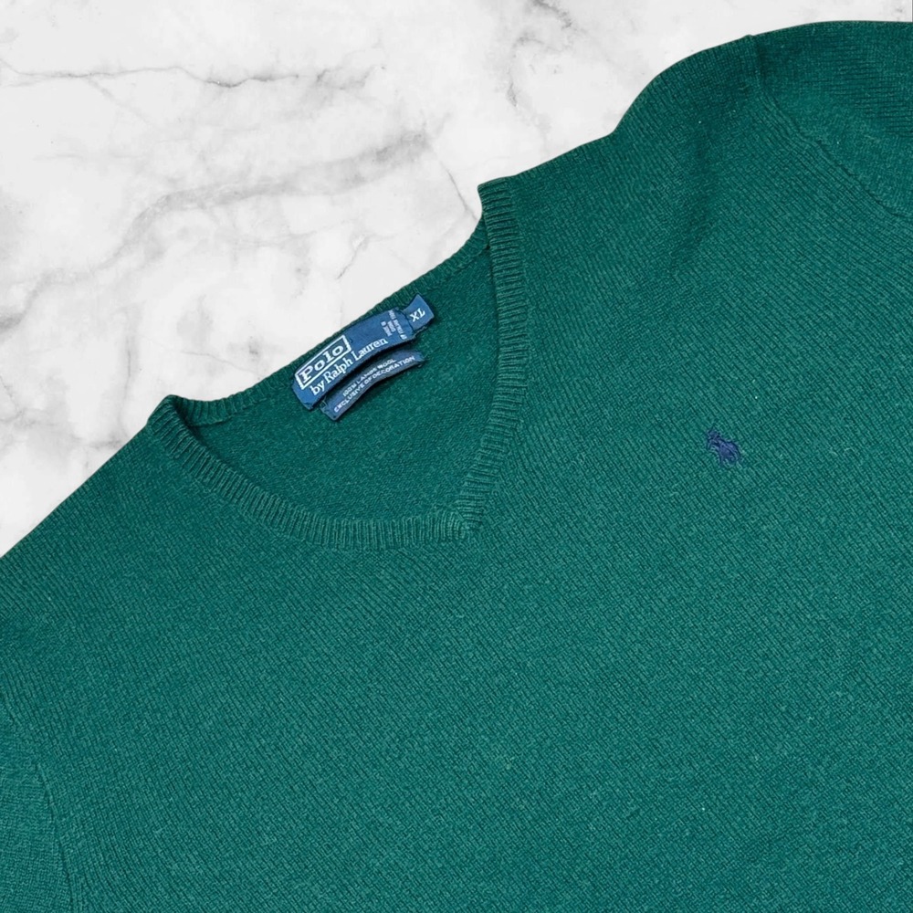 Polo Ralph Lauren V Neck Sweater Green 100%‎ Lambswool Mens XL